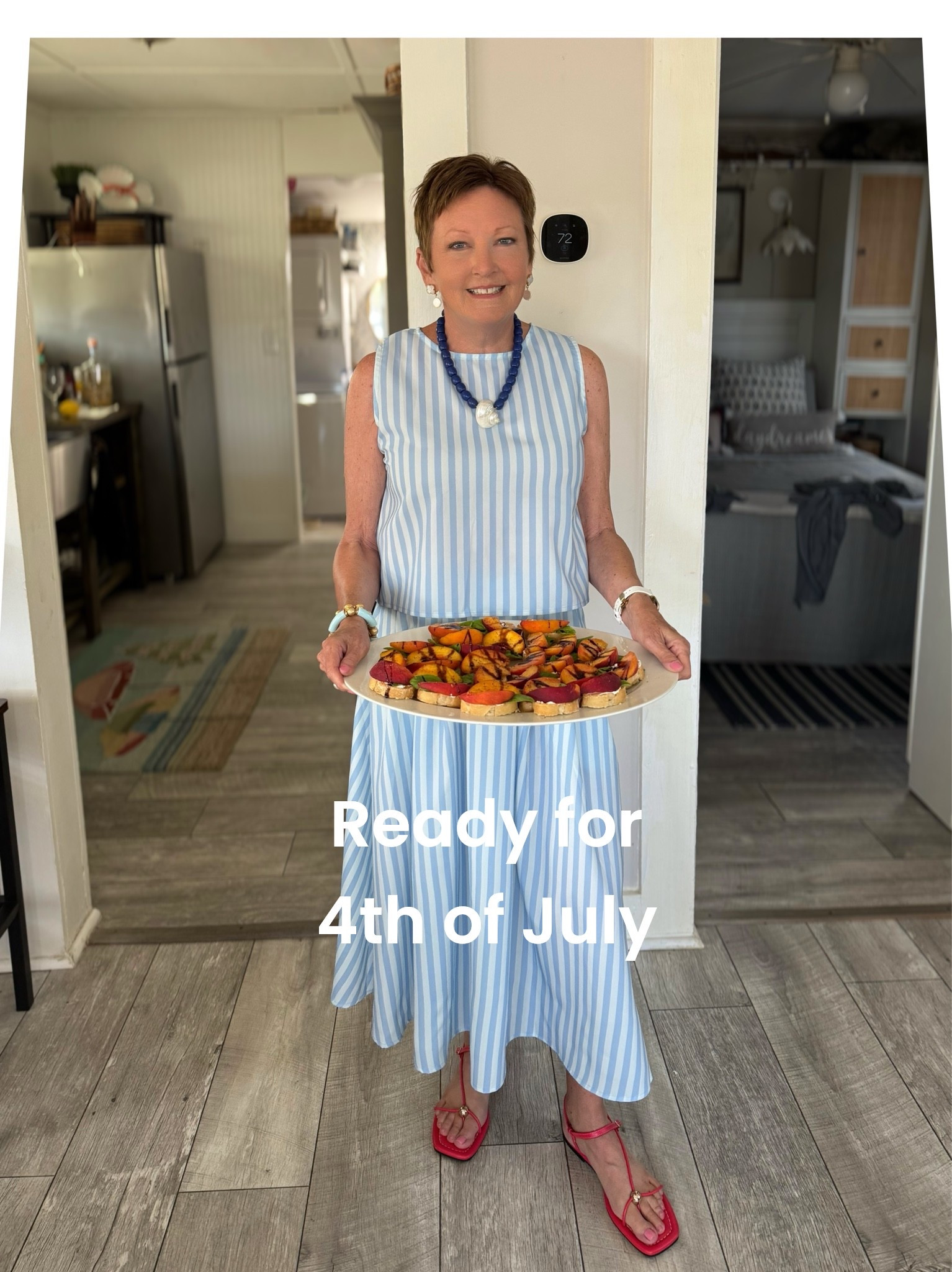 Celebrating the 250th Birthday of our country. Comfortable,  red, white and blue fashions for a coastal celebration. Peach crostini appetizer recipe can be found on my blog - thepondsfarmhouse All fashion links are below.

#LTKOver40 #LTKMidsize #LTKSeasonal