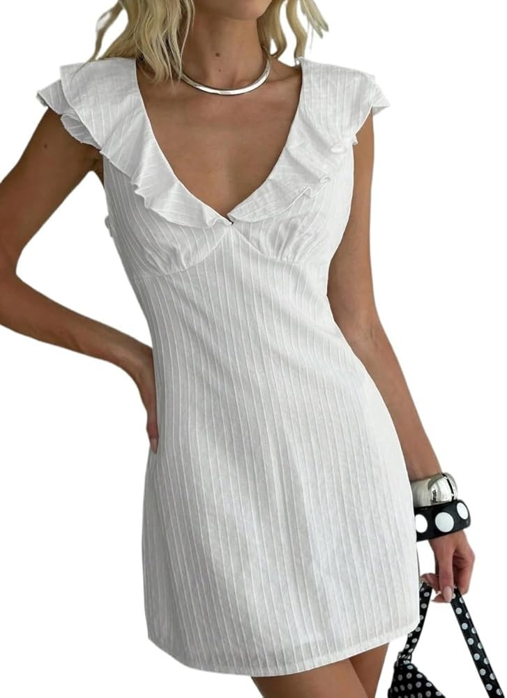 METOES Women's 2026 Summer Casual Mini Dress Ruffle Sleeve Deep V-Neck Sexy Casual Dress | Amazon (US)