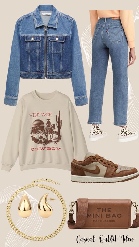 Casual mom outfit idea featuring the best Levi jeans, a cute cowboy sweatshirt, and brown Jordan’s. Throw in a fun twist on a denim jacket for spring.  This sweatshirt is available in regular and plus sizing  

#LTKstyletip #LTKSeasonal #LTKmidsize