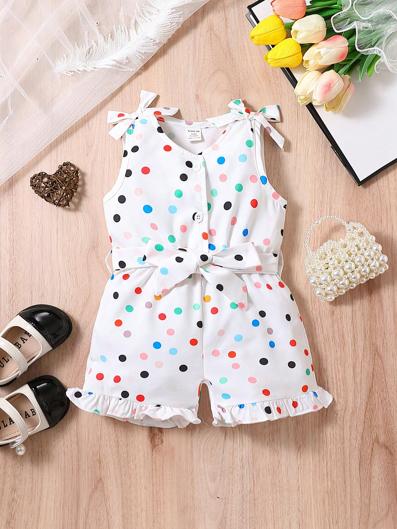 Baby Polka Dot Print Bow Shoulder Ruffle Hem Belted Romper | SHEIN