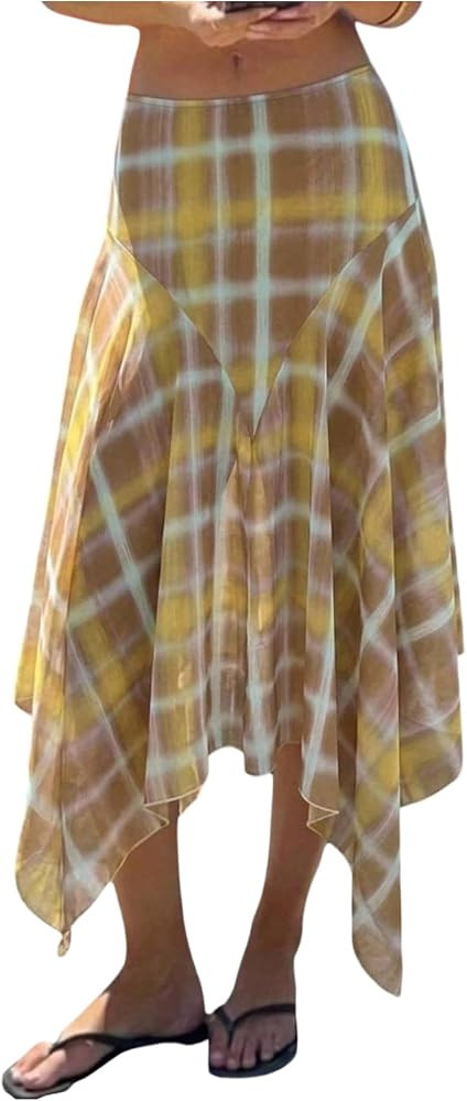 Floerns Women's Plaid A-Line Midi Skirt Asymmetrical Ruffle Hem Skirts | Amazon (US)