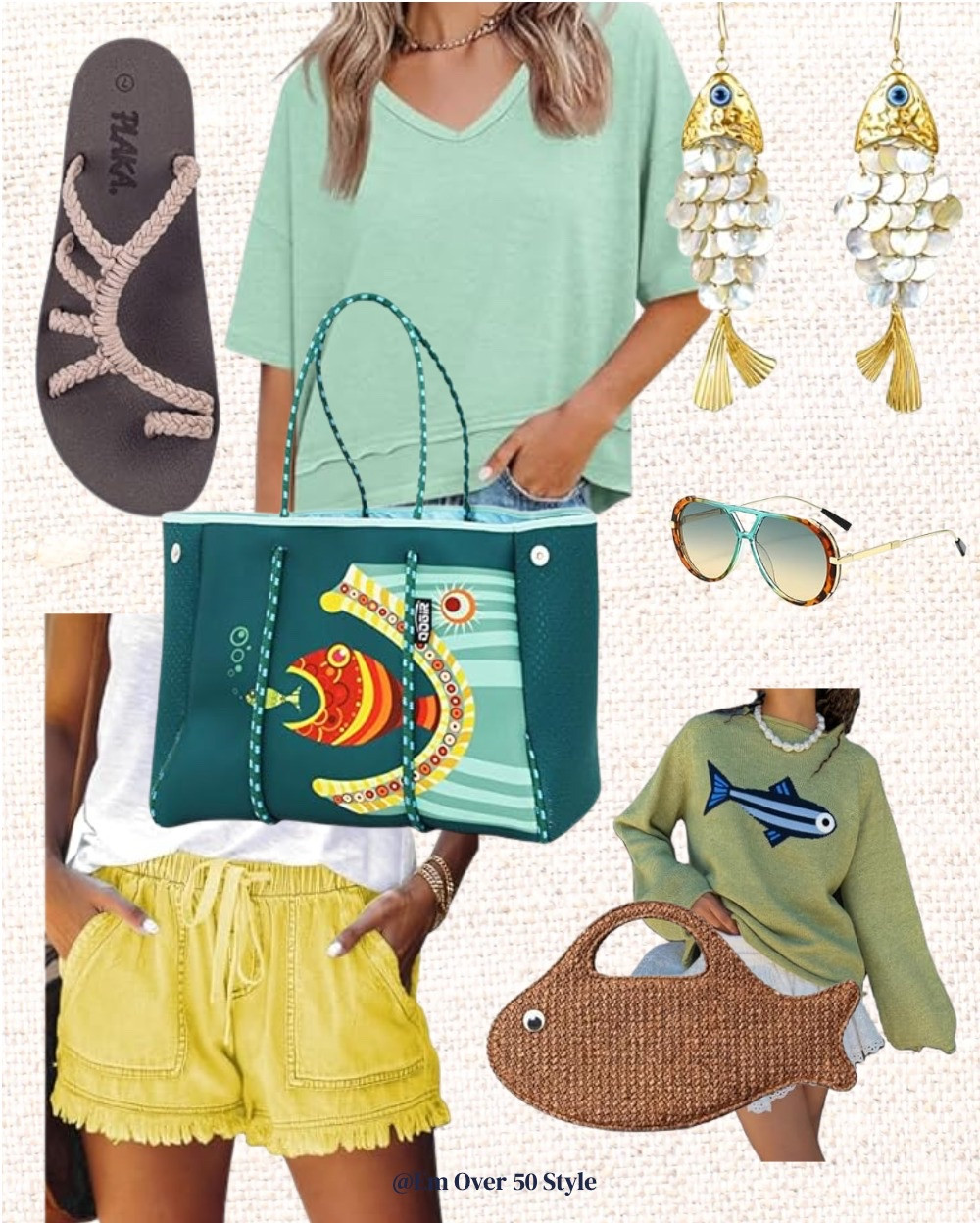 🐠 Fun, Fresh & Fabulous — Summer Style for Women Who Love the Sea
Ladies, if your spirit animal has fins, this outfit roundup was made with you in mind! 🌊
I've put together the most adorable fish-themed summer look — and everything is available on Amazon, so it's just a few clicks away from your doorstep.
Here's what makes this ensemble so special for us midlife women: it's all about comfort meeting personality. The mint oversized tee is relaxed and cool without sacrificing style. The yellow fringe shorts add a playful pop of color that photographs beautifully. And those fish earrings? Pure statement jewelry magic.
The real stars of the show are the two bags — a bold neoprene tote featuring a colorful tropical fish (perfect for the beach or farmers market!) and the most charming little woven fish-shaped clutch you'll ever own. These are the kinds of pieces that make strangers stop and ask, "Where did you get that?!"
Top it off with oversized aviator sunglasses, Plaka braided sandals (incredibly comfortable for all-day wear), and an olive fish graphic sweatshirt for breezy evenings — and you have a complete summer wardrobe capsule built around pure, unapologetic fun.
Because style after 50 should feel like YOU — vibrant, joyful, and completely your own. 🐟💛
 
Affiliate Disclosure: This post contains Amazon affiliate links. As an Amazon Associate, I earn a small commission from qualifying purchases at no additional cost to you. 
#MidlifeStyle #FishLover #CoastalFashion

#LTKootd #LTKMothersDay