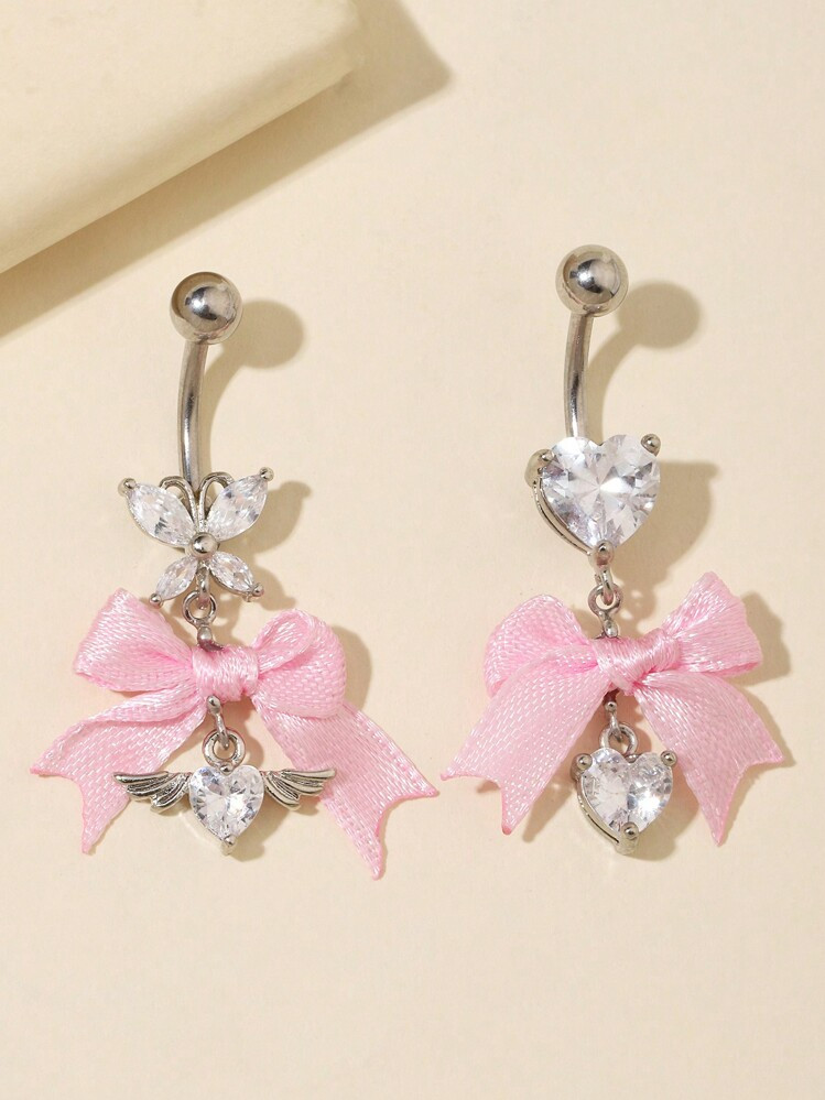 1pc Sweet Style Pink Bowknot-Shaped Cubic Zirconia Pendant Belly Button Ring For Y2K Women, Stainless Steel Piercing Navel Ring For Summer Beach Valentines,Mom,Mother,Mother's Day,Gift | SHEIN