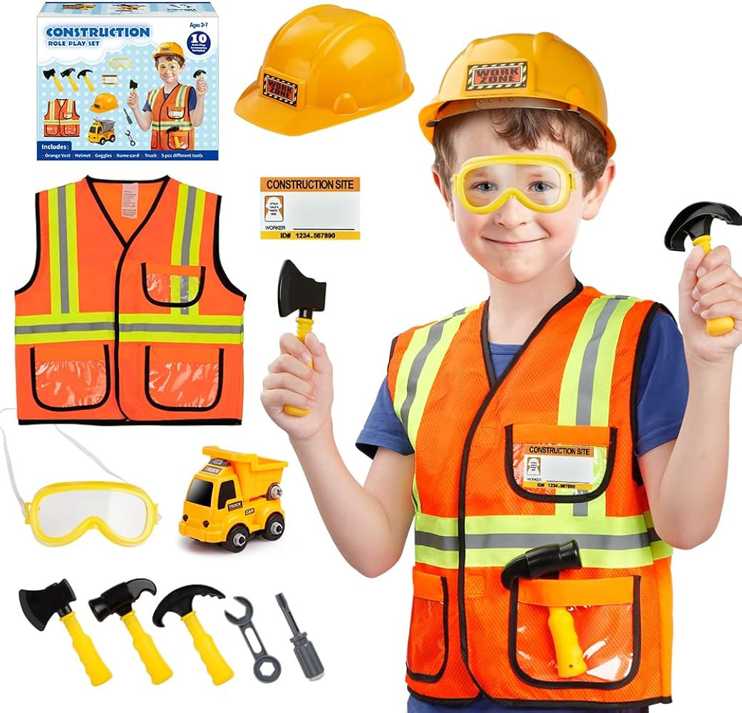 Construction Worker Costume for Boys, Pretend Builder Career Outfit with Self-assembly Engineer t... | Amazon (US)