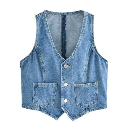 Women s Sleeveless Denim Vest V Neck Button Down Lightweight Jean Waistcoat Jacket | Walmart (US)
