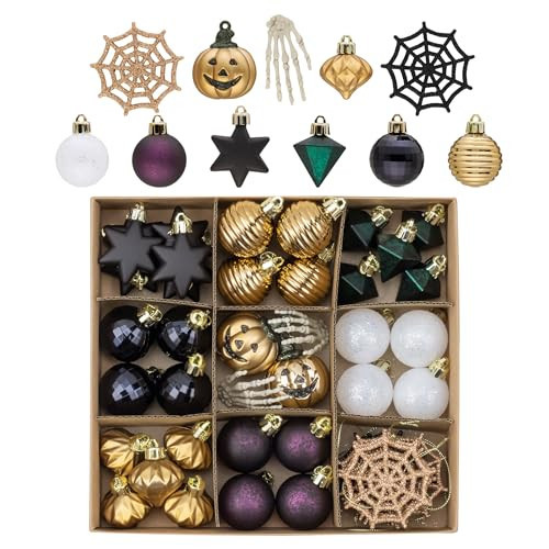 DecorbyHannah Halloween Ornaments Decorations for Tree, 45ct Small Vintage Halloween Tree Ornaments with Jack-O-Lantern Webs, Mini Shatterproof Black Gold Halloween Tree Decorations for Home Party | Amazon (US)