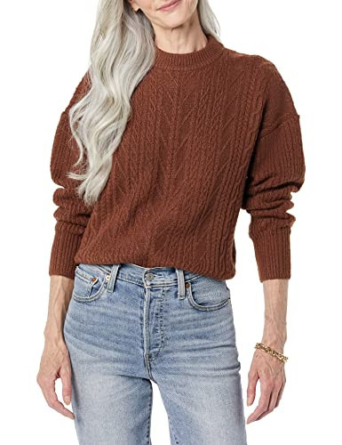 Amazon Essentials Women's Cable Knit Sweater, Soft-Touch Modern Crewneck, Dark Toffee Brown, Small, Plus Size Available | Amazon (US)
