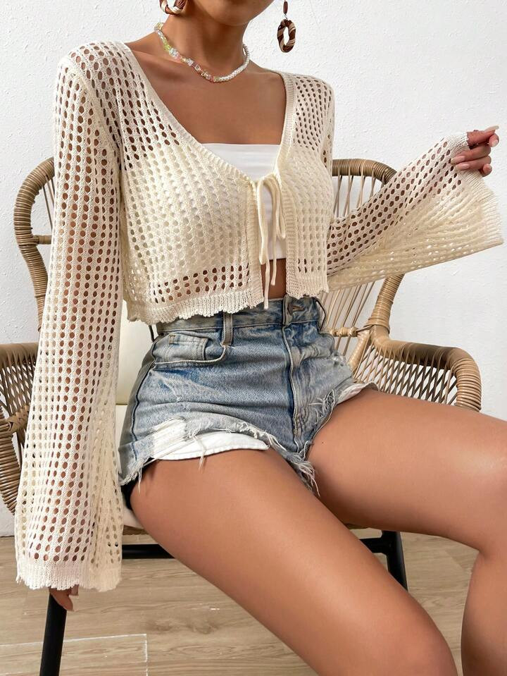 Hollow Out Tie Front Trumpet Sleeve Scallop Trim Crop Cardigan | SHEIN