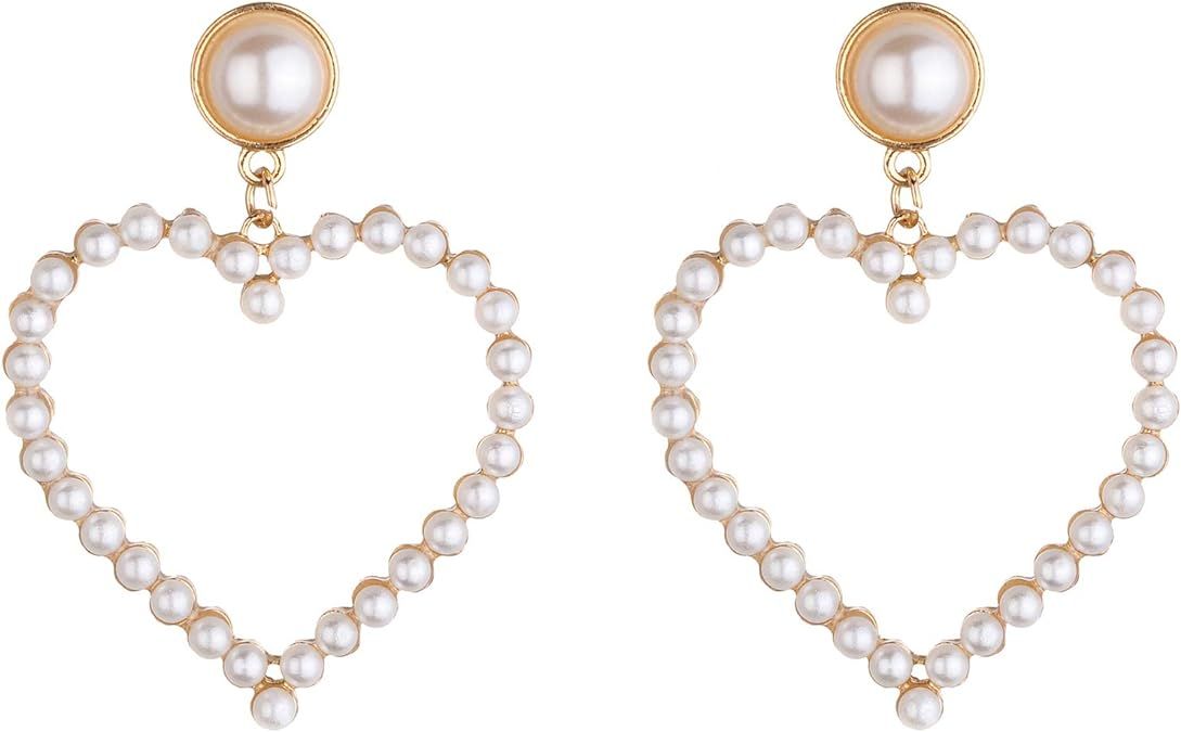 Lux Accessories Heart Shaped White Pearls Fashion Dangle Earrings | Amazon (US)