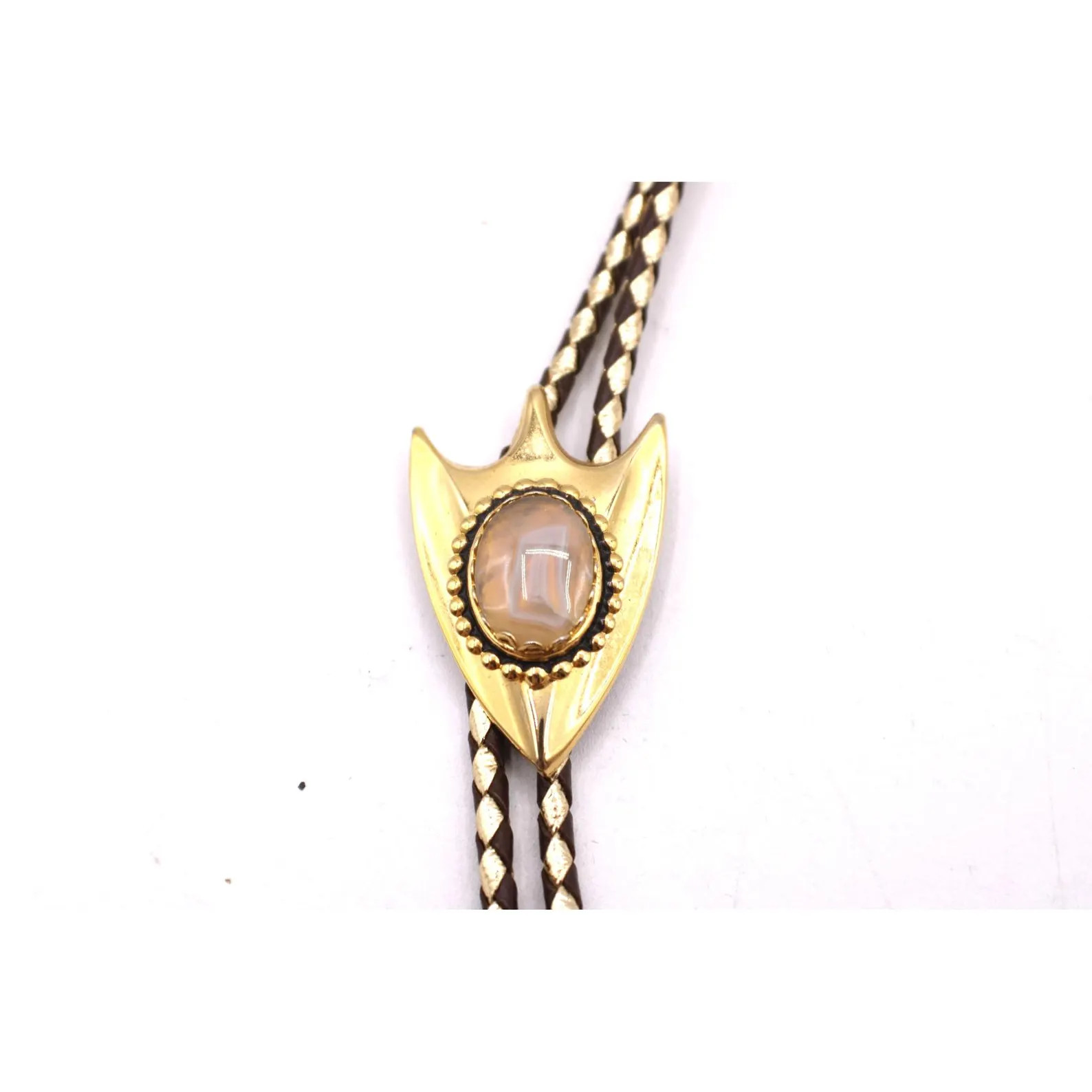 Vtg Arrowhead Shape Agate Stone Bolo Tie Braided Leather Cord Southwest Gold Tone - Etsy | Etsy (US)