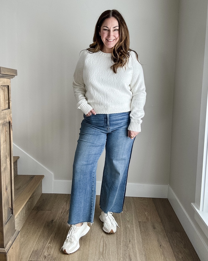 These Good American Palazzo Crop Tux Stripe Jeans from @EvereveOfficial are on trend with a statement seam, but still have that soft, stretchy fabric that I love from Good American. I paired them with a thicker rolled sweater for cooler temps or snag a lightweight sweatshirt. Wearing large in tops, 14 in jeans #EverevePartner #EvereveStyle

#LTKMidsize #LTKSeasonal #LTKOver40