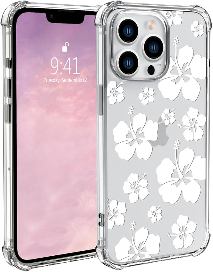 White Hibiscus Floral Phone Case for iPhone 15 Hibiscus Flower Case Cover Clear Phone Case w/Four... | Amazon (US)