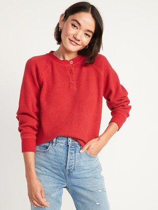 Long-Sleeve Loose Waffle-Knit Henley T-Shirt for Women | Old Navy (US)