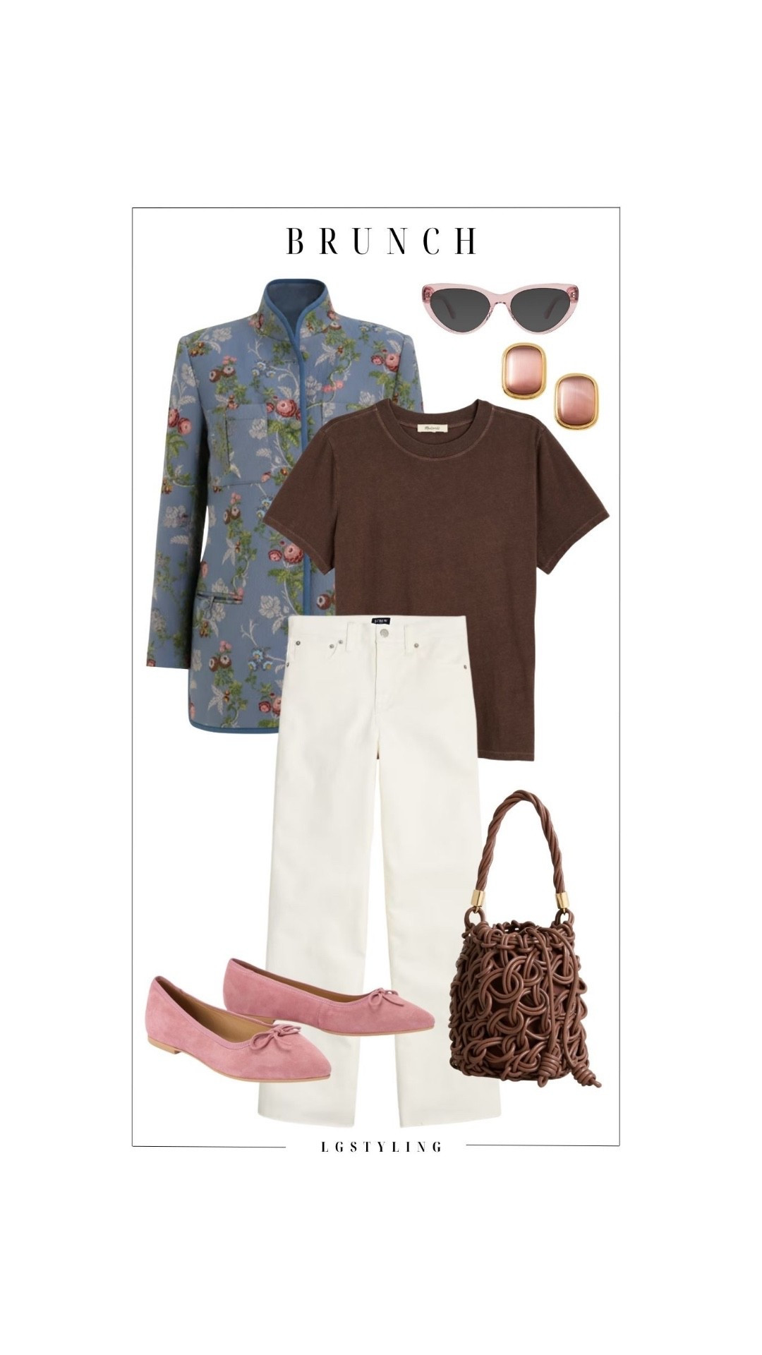 Brunch
A soft color story with an unexpected twist. This brunch outfit pairs creamy denim and a chocolate tee with feminine pink accessories and a statement floral jacket for a look that feels equal parts relaxed and special. Perfect for weekend plans when you want to look put together but still effortless.