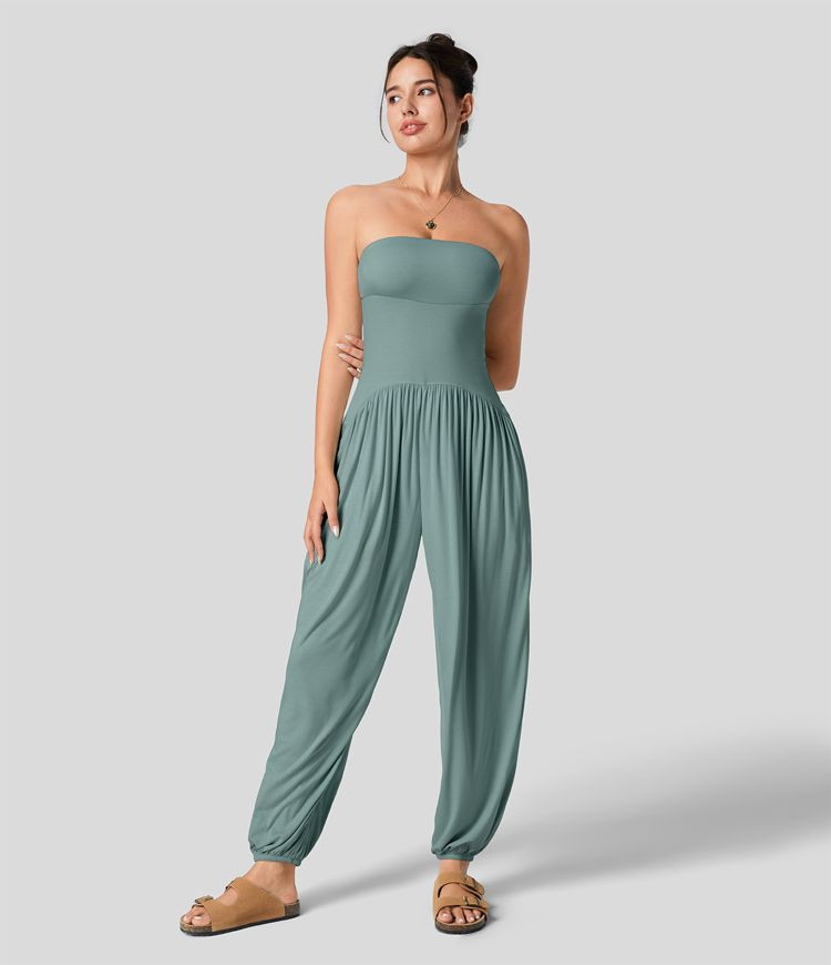 Ribbed Tube Backless Plicated Side Pocket Casual Jumpsuit | HALARA