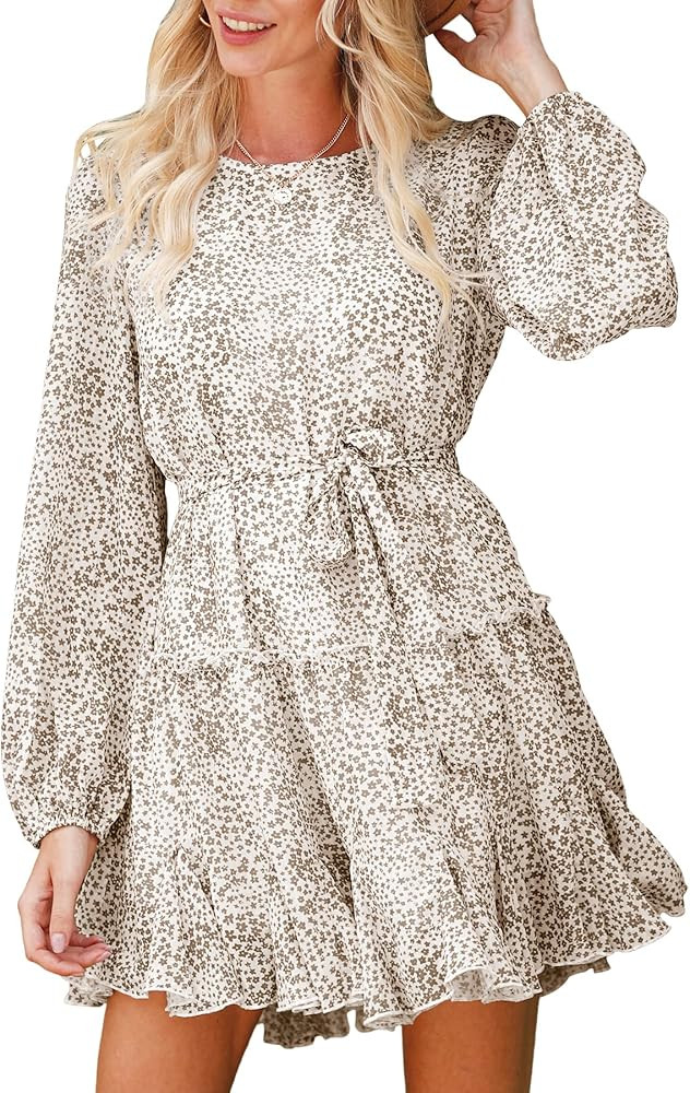 ANRABESS Women's Long Sleeve Crewneck Floral Mini Dress Ruffle Hem Flowy Swing A-Line Chiffon Sho... | Amazon (US)