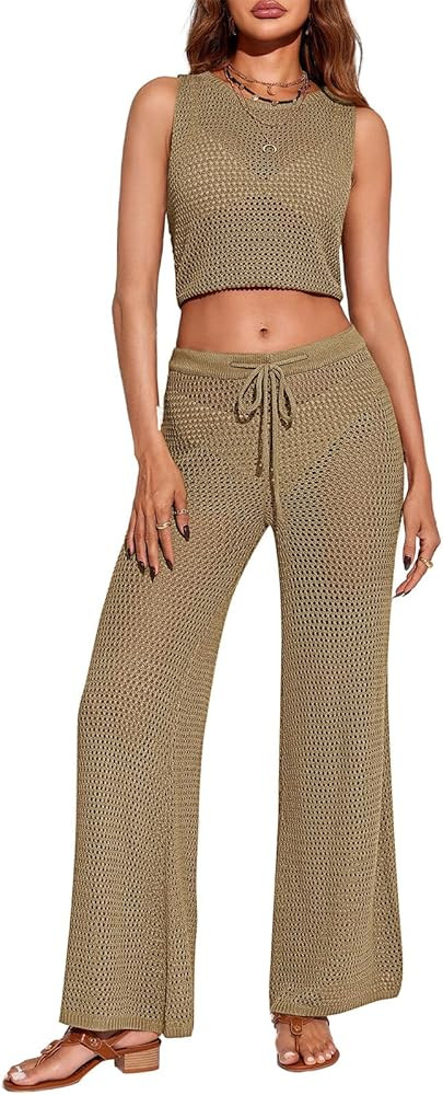 Saodimallsu Womens 2 Piece Crochet Swimsuit Cover Up Sleeveless Crop Top Drawstring Long Pants Se... | Amazon (US)