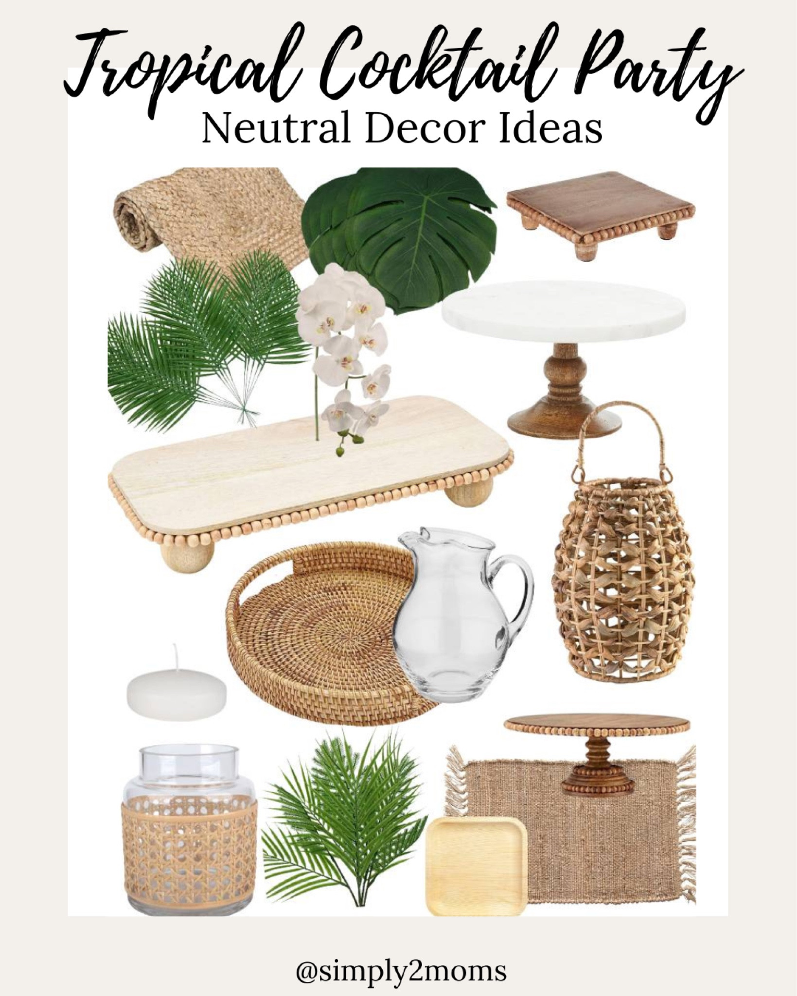 Style beautiful neutral table for a fun tropical cocktail party at home. 
Faux palm leaves and orchid stems along with rattan wrapped glass vases add to a luau theme. Seagrass woven runner and jute placemats along with wicker tray and lanterns and wood risers all add texture and warmth to a tropical party theme. #tropicalparty #Hawaiianluau #entertainingathome 

#LTKSeasonal #LTKstyletip #LTKhome