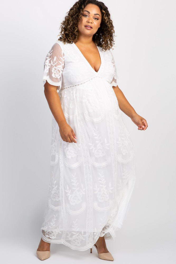PinkBlush White Lace Mesh Overlay Plus Maternity Maxi Dress | PinkBlush Maternity
