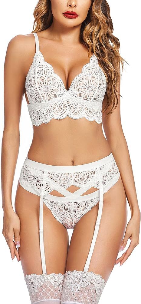 ADOME Women Lingerie Set with Garter Belts Sexy Bra and Panty 3 Piece Lingerie Sets | Amazon (US)