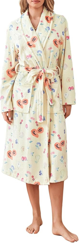 Women Fleece Floral Fruit Print Bathrobe Soft Flannel Lounge Robe Cute Fall Robe Lightweight Warm... | Amazon (US)