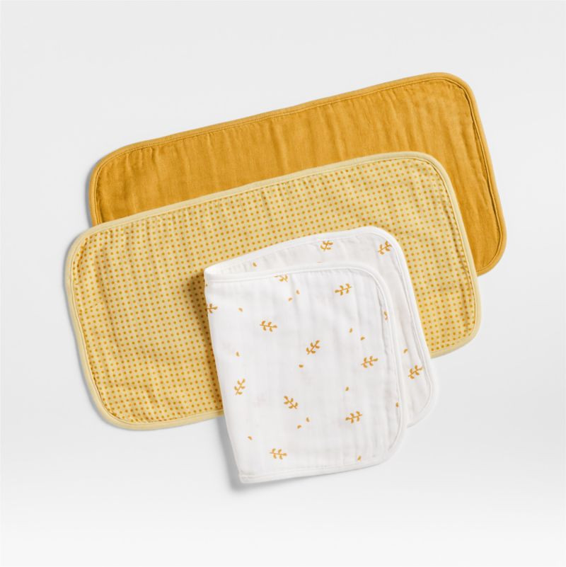 Mixed Print Savannah Yellow Organic Cotton Gauze Baby Burp Cloth, Set of 3 | Crate & Barrel