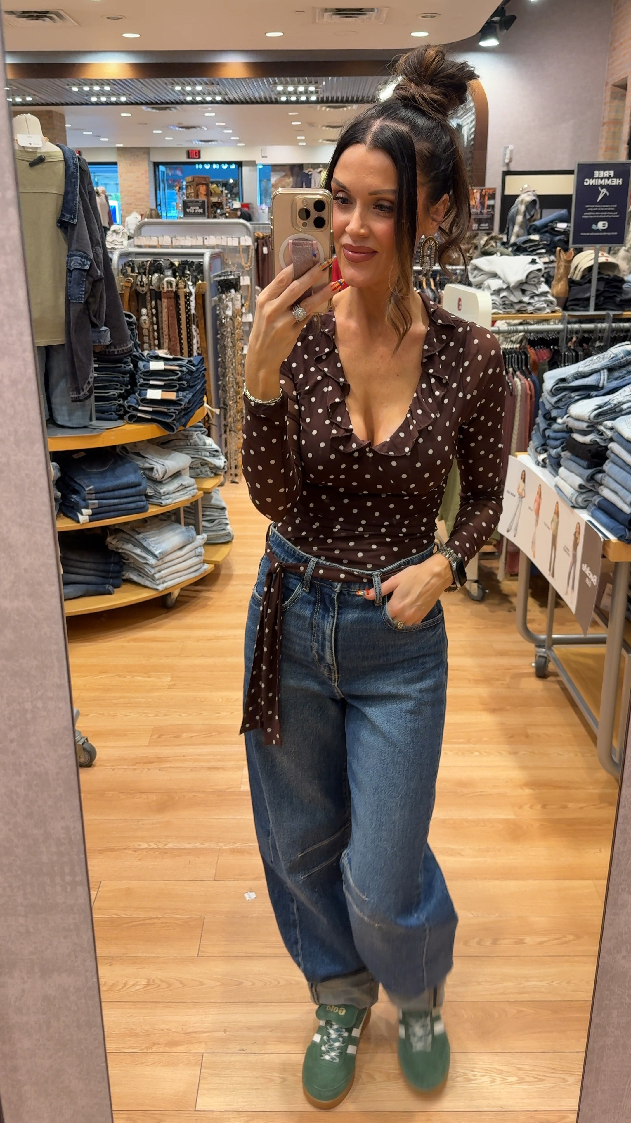 Brown polkadot top
Wide leg barrel jeans 
Green Gola sneakers
All pieces are from the buckle 

#LTKGiftGuide #LTKootd #LTKFindsUnder100