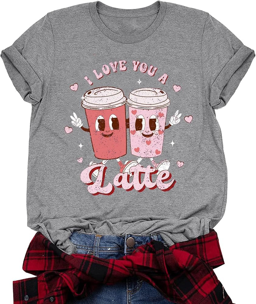 Retro Valentines Day Shirt Women Cute Latte Valentine Tshirt Valentine's Day Coffee Lover Gift Sh... | Amazon (US)