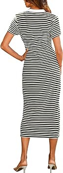 BTFBM Women Casual Summer Dresses Short Sleeve Striped Midi Dresses Decorative Button Ribbed Knit... | Amazon (US)