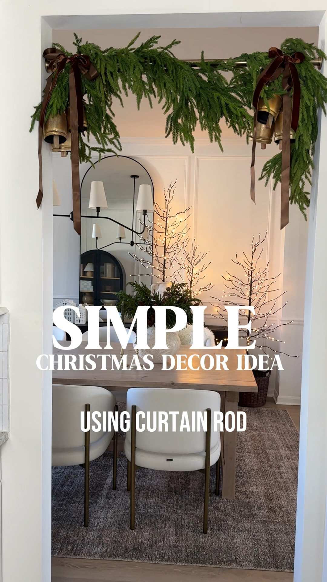 Christmas decor, Norfolk garland, bells, Norfolk stems, mirror, chandelier, rug, ribbon, dining table, dining chairs, vase, candle, console table 

#LTKVideo #LTKHome #LTKHoliday