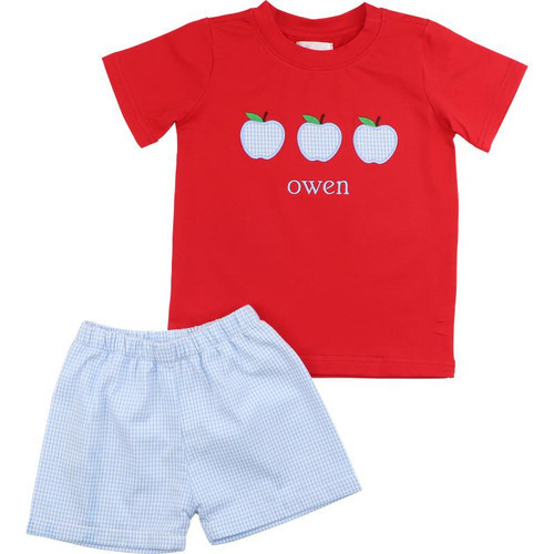Red And Blue Gingham Applique Apple Short Set | Cecil and Lou