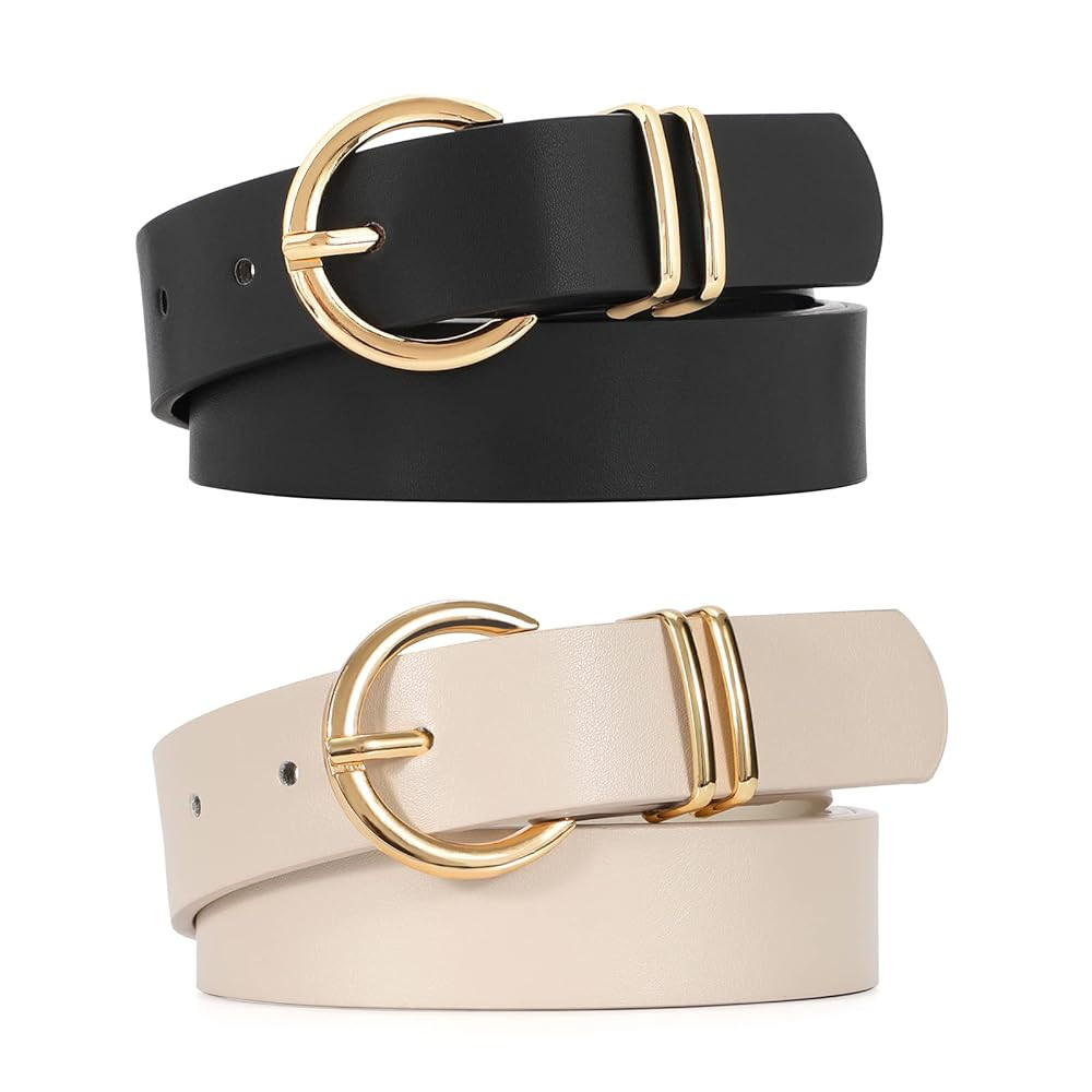 VONMELLI 2 Pack Women's Leather Belts for Jeans Dresses Fashion Gold Buckle Ladies Belt | Amazon (US)