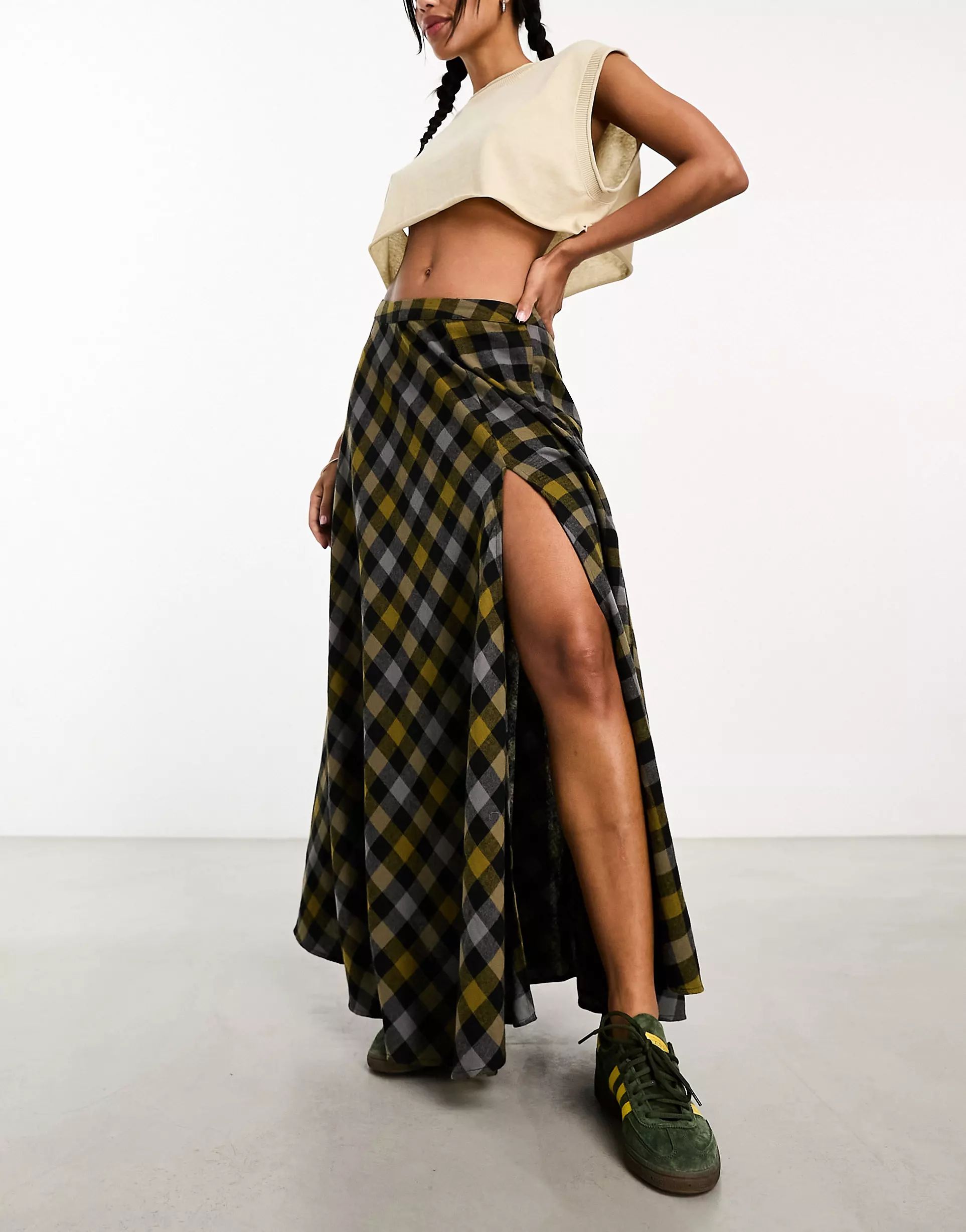 ASOS DESIGN full maxi skirt with high side split in check | ASOS (Global)