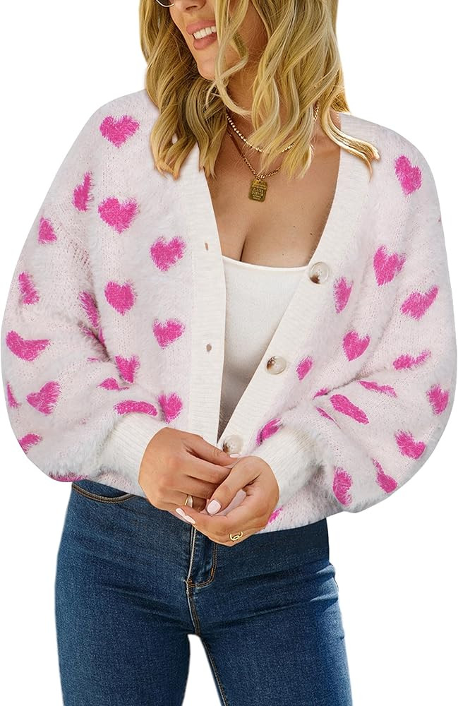 ECOWISH Women Floral Cropped Cardigan: Fall Long Sleeve Button Down Fuzzy Heart Print Knit Sweate... | Amazon (US)