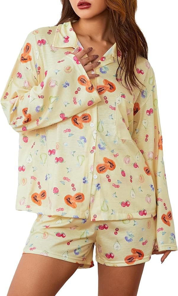 Seyurigaoka Women 2 Piece Floral Pajamas Set Y2k Long Sleeve Button Down Shirt Side Split Shorts ... | Amazon (US)