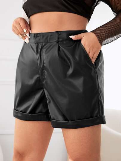 Plus High Waist Slant Pocket PU Shorts | SHEIN