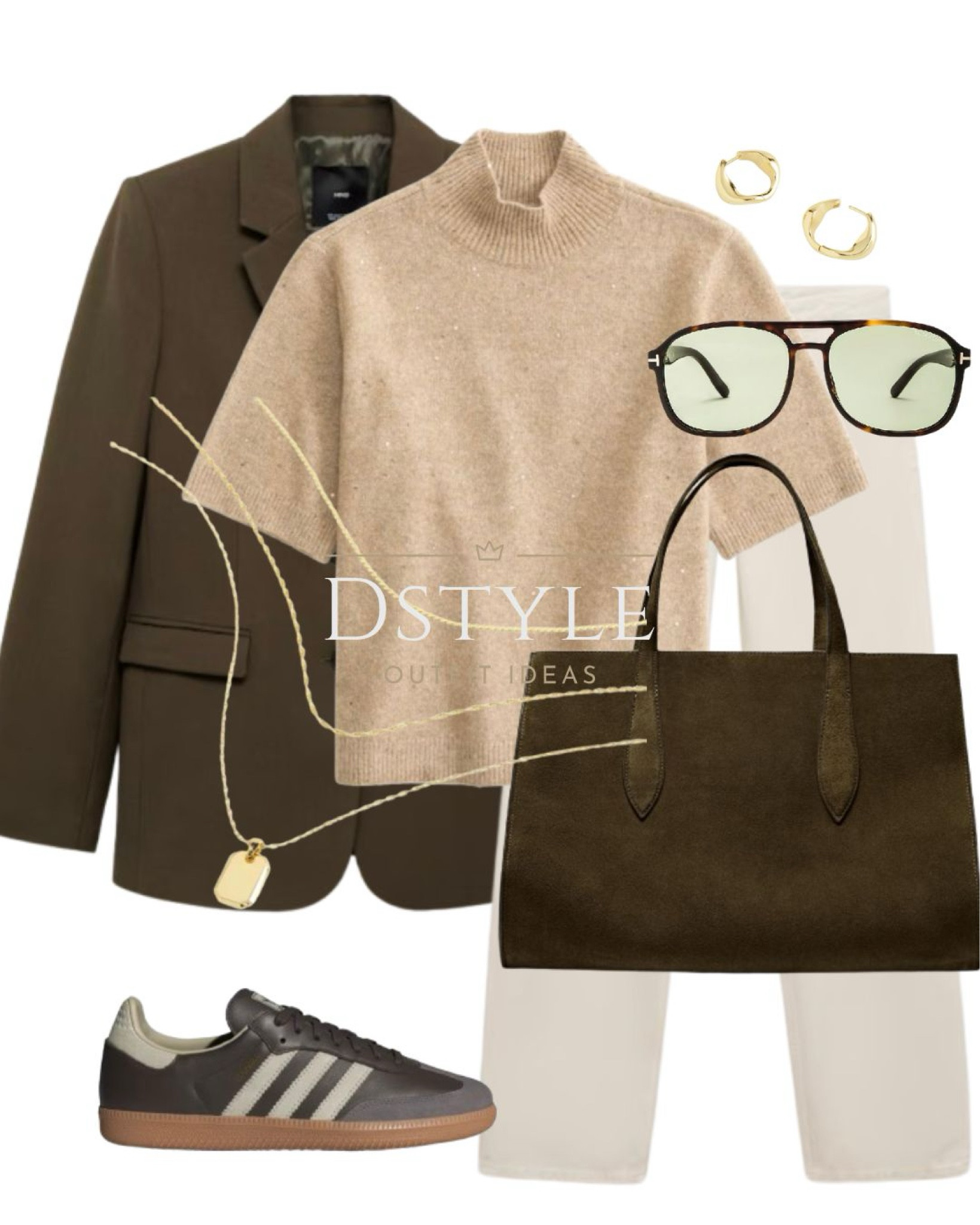 Khaki blazer, brown shine Lurex mockneck sweater tee, short sleeved knitted top, straight fit jeans, green suede maxi tote bag, brown Adidas Samba 

 #LTKWorkwear #LTKShoeCrush #LTKItBag