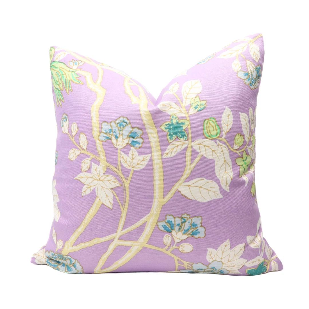 Quadrille Happy Garden Pillow Cover in Lavender on White - Etsy | Etsy (US)