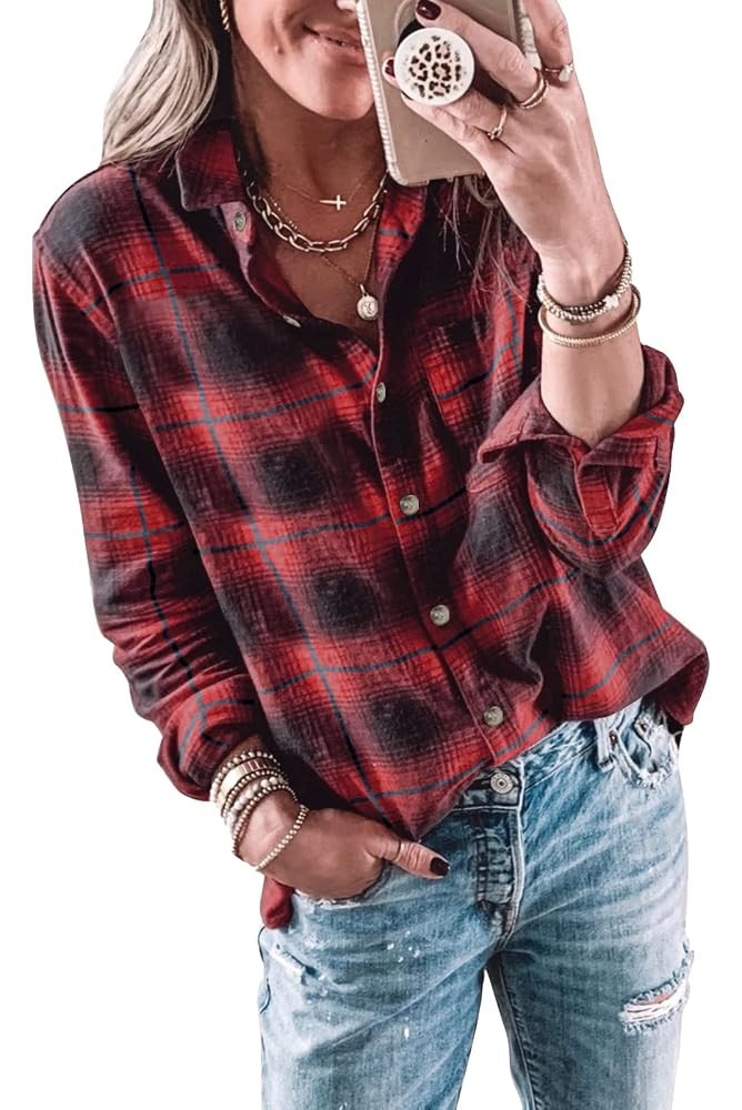 Wenrine Womens Long Sleeve Button Down Shirt Casual Plaid Flannel Shirt Collared Blouse Tops | Amazon (US)