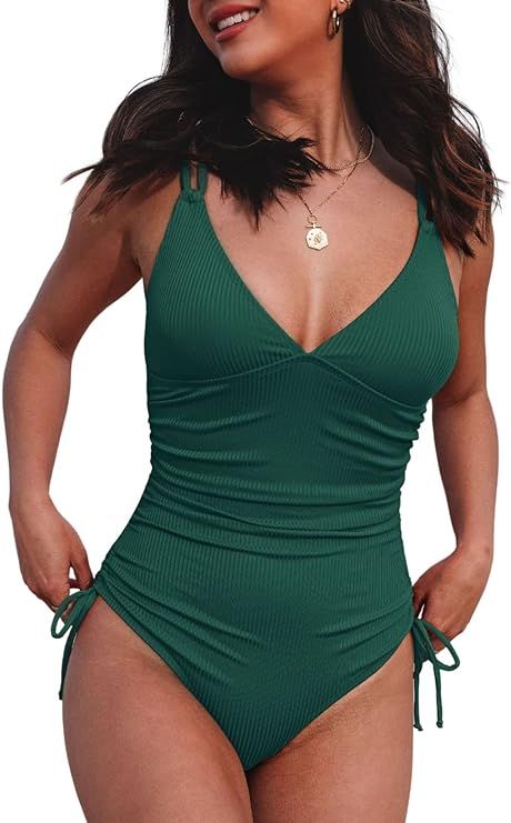 Aleumdr Women's V Neck One Piece Tummy Control Swimsuit Cheeky Tie Side High Cut Bathing Suit Rib... | Amazon (US)