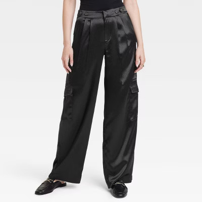 Women's High-Rise Satin Cargo Pants - A New Day™ Black 10 | Target