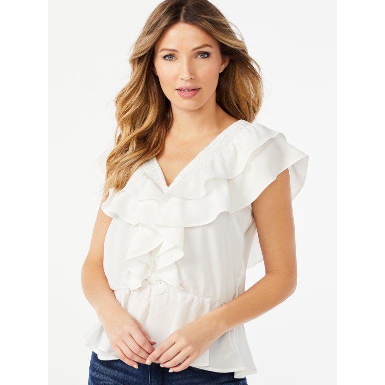 Sofia Jeans by Sofia Vergara Women's Smocked Ruffle Top with Short Sleeves - Walmart.com | Walmart (US)