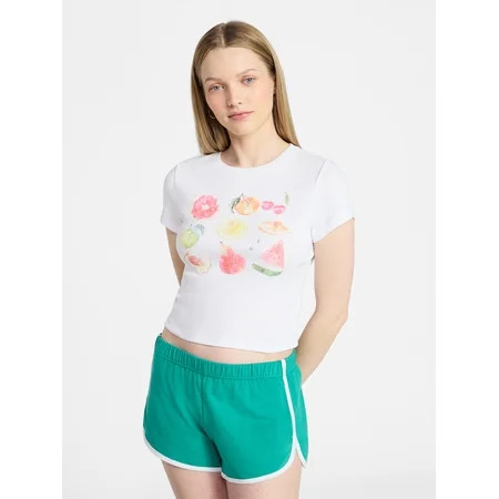 No Boundaries Ribbed Cotton Graphic Baby Tee with Short Sleeves, Women's XXS-XXL | Walmart (US)