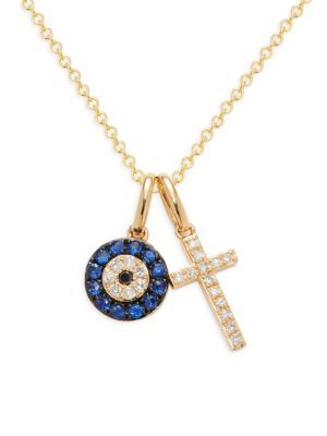 Effy ​14K Yellow Gold, Diamonds, Sapphire Evil Eye &amp; Cross Pendant Necklace on SALE | Saks ... | Saks Fifth Avenue OFF 5TH