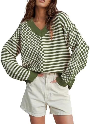 UNCLECAT Women's Striped Checkered Sweater 2025 V Neck Fall Sweaters Casual Knit Trendy Pullover ... | Amazon (US)