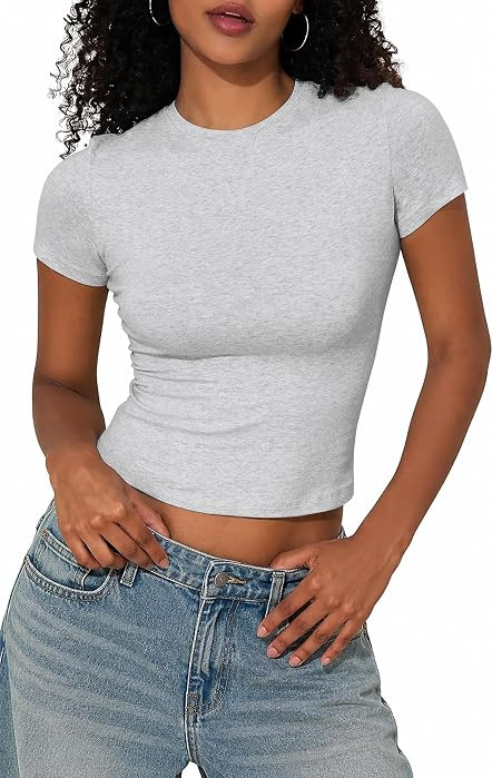 PrettyGuide Women's Cotton Baby Tee Short Sleeve Crewneck Slim Fit Crop Top | Amazon (US)