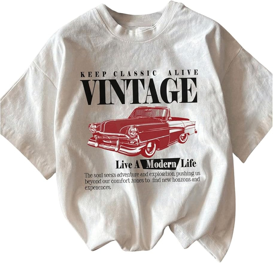 Women's Graphic Letter Tee Crew Neck Drop Shoulder Trendy Summer T Shirt Short Sleeve Vintage Car... | Amazon (US)