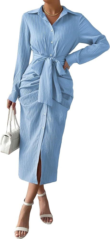 WDIRARA Women's Long Sleeve Solid Elegant Ruched Knot Front High Waist Straight Midi Shirt Dress | Amazon (US)
