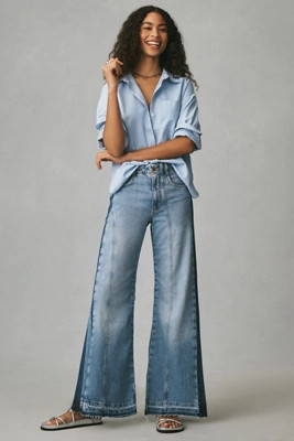 The Adi Mid-Rise Frayed Relaxed Flare Jeans by Pilcro: Soft Rework Edition | Anthropologie (US)