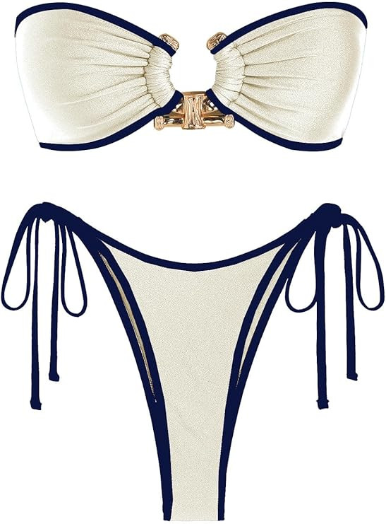 ZAFUL Metal Ring Bandeau Bikini Set Tie Side Bathing Suit High Cut 2 Piece Swimsuit Cutout Swimwe... | Amazon (US)